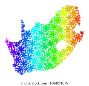 Spectrum gradient composition of South African Republic map designed for Christmas ads. South African Republic map mosaic is constructed of bright snow parts. Designed for Christmas applications.