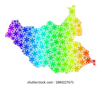 Spectrum gradient composition of South Sudan map organized for Christmas ads. South Sudan map mosaic is designed from colorful snowflakes. Designed for New Year ads.