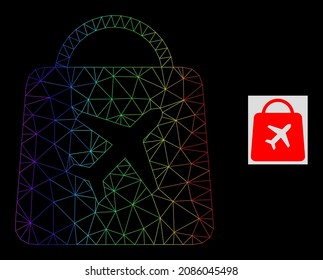 Spectrum gradient mesh airport shopping icon. Geometric carcass 2D network is based on airport shopping icon, generated from polygonal mesh network, with rainbow gradient.