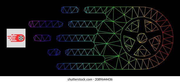 Icono de la rueda de la malla de gradiente del espectro. Red plana de marco geométrico basada en el icono de la rueda del bolido, generada con red de malla poligonal, con gradiente de espectro.