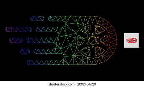 Spectrum gradient mesh bolide wheel icon. Geometric carcass flat network is based on bolide wheel icon, generated from polygonal mesh network, with spectrum gradient.