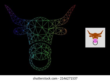 Spectrum gradient mesh bull head icon. Geometric carcass flat net based on bull head icon, generated with triangular mesh network, with spectral gradient.