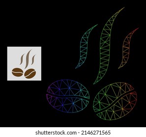 Spectrum gradient mesh coffee beans smell icon. Geometric frame flat net is based on coffee beans smell icon, generated from triangle mesh net, with spectrum gradient.