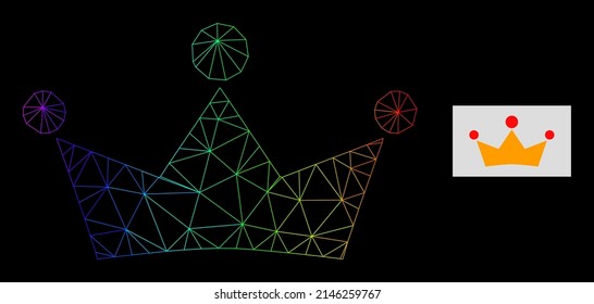 Spectrum gradient mesh crown icon. Geometric frame 2D network is based on crown icon, generated with triangular mesh net, with spectrum gradient.