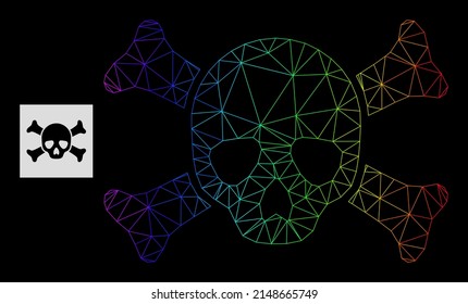 Spectrum gradient mesh death skull icon. Geometric carcass 2D net is based on death skull icon, generated with triangular mesh carcass, with rainbow gradient.