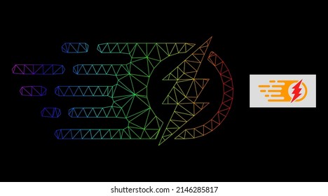 Spectrum gradient mesh electric spark icon. Geometric carcass flat net based on electric spark icon, generated with triangle mesh carcass, with spectral gradient.