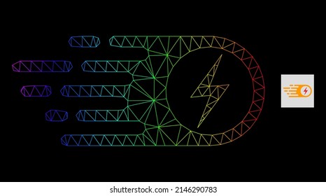 Gefälle Gefälle Mesh elektrischen Streik Symbol. Geometrisches Flachnetz auf der Grundlage eines elektrischen Streikbildes, erzeugt aus polygonalen Maschen, mit Farbverlauf-Spektrum.