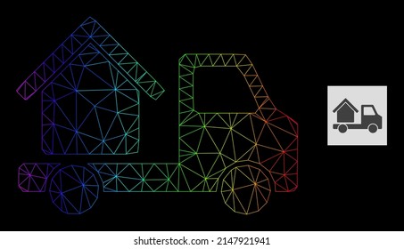 Icono del remolque de la casa de malla de gradiente de espectro. Red 2D de canal geométrica basada en el icono del remolque de casa, generado con red de malla triangular, con gradiente arco iris.