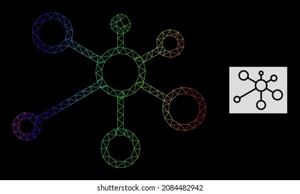 Spectrum gradient mesh link nodes icon. Geometric carcass 2D network is based on link nodes icon, generated from polygonal mesh network, with spectrum gradient.