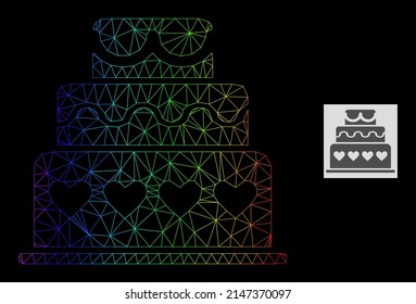 Spectrum gradient mesh marriage cake icon. Geometric frame flat net is based on marriage cake icon, generated with triangle mesh carcass, with spectrum gradient.