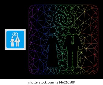 Icono de personas de matrimonio en malla de gradiente de espectro. Red plana de canal geométrica basada en el icono de las personas casadas, generada a partir de la carcasa de malla poligonal, con gradiente de espectro.