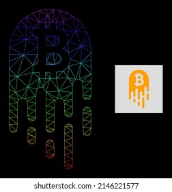 Spectrum gradient mesh melting bitcoin icon. Geometric frame flat net is based on melting bitcoin icon, generated with triangle mesh framework, with spectrum gradient.