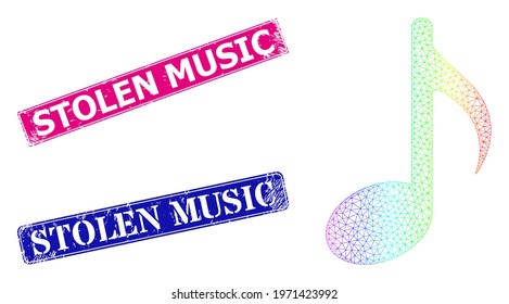 Spectrum gradient mesh music note, and Stolen Music dirty framed rectangle seal prints. Pink and blue rectangle badges have Stolen Music caption. Vector model created from music note icon.