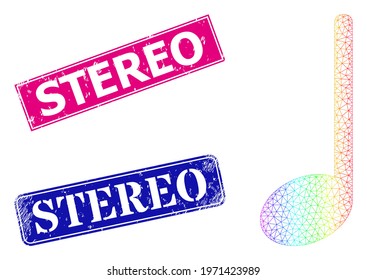 Spectrum gradient mesh musical note, and Stereo unclean framed rectangle watermarks. Pink and blue rectangle seals contain Stereo tag. Vector model based on musical note icon.