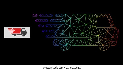 Spectrum gradient mesh quick delivery icon. Geometric frame 2D net is based on quick delivery icon, generated with triangle mesh network, with spectrum gradient.