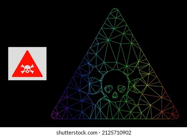 Spectrum gradient mesh skull toxic warning icon. Geometric frame flat net based on skull toxic warning icon, generated with triangle mesh carcass, with spectrum gradient.