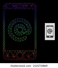 Icono de dirección de smartphone de malla de gradiente de espectro. Red plana de marco geométrico basada en el icono de dirección de smartphone, generada a partir de red de malla triangular, con gradiente de espectro.