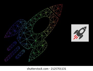 Spectrum gradient mesh space rocket icon. Geometric frame flat network is based on space rocket icon, generated with triangle mesh framework, with spectrum gradient.