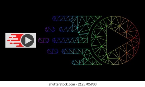 Spectrum gradient mesh start play icon. Geometric frame flat network is based on start play icon, generated from polygonal mesh network, with spectrum gradient.