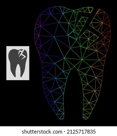 Spectrum gradient mesh tooth fracture icon. Geometric frame flat network based on tooth fracture icon, generated with triangular mesh framework, with spectrum gradient.