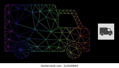 Spectrum gradient mesh van car icon. Geometric carcass 2D net is based on van car icon, generated from triangular mesh carcass, with spectrum gradient.
