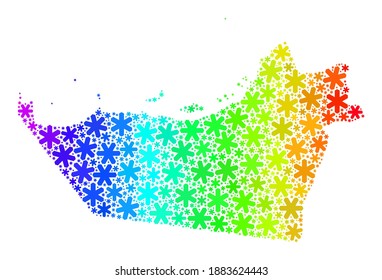 Mosaico de gradiente de espectro del mapa del Emirato de Abu Dhabi creado para las ventas navideñas. El mosaico del mapa del Emirato de Abu Dhabi está construido con vibrantes copos de nieve. Diseñado para proyectos navideños.
