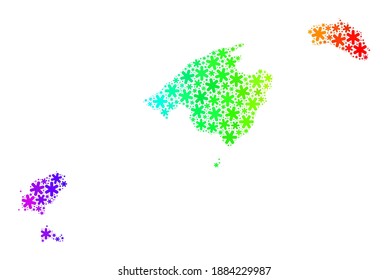 Spectrum gradient mosaic of Balearic Islands map created for Winter sales. Balearic Islands map mosaic is composed from vibrant ice crystals. Designed for Winter posters.