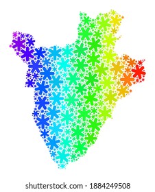 Spectrum gradient mosaic of Burundi map organized for New Year sales. Burundi map mosaic is constructed of bright snow flakes. Designed for Winter sales.