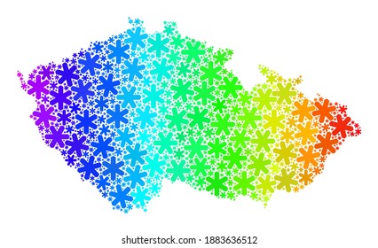 Spectrum gradient mosaic of Czech Republic map designed for Winter holidays. Czech Republic map mosaic is designed with vibrant snow icons. Designed for political ads.