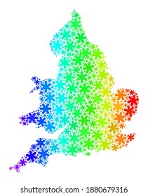 Mosaico de gradiente de espectro de Inglaterra creado para anuncios navideños. El mosaico de mapas de Inglaterra está hecho de elementos de nieve coloridos. Diseñado para aplicaciones de Año Nuevo.