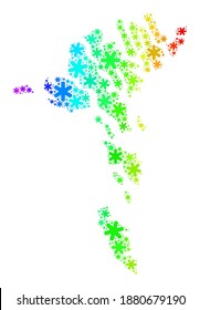 Spectrum gradient mosaic of Faroe Islands map designed for Winter sales. Faroe Islands map mosaic is shaped of colorful snow items. Designed for Winter projects.