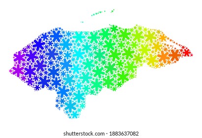 Spectrum gradient mosaic of Honduras map organized for New Year sales. Honduras map mosaic is done of bright snowflakes. Designed for New Year projects.