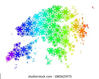 Spectrum gradient mosaic of Hong Kong map created for Christmas celebration. Hong Kong map mosaic is designed of bright snowflakes. Designed for Christmas projects.