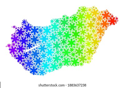 Mosaico de gradiente de espectro del mapa de Hungría creado para la celebración de Navidad. El mosaico de mapas de Hungría está formado por nieve brillante. Diseñado para proyectos navideños.
