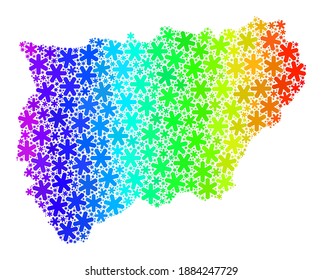 Mosaico de gradiente de espectro de la provincia española de Jaén diseñado para las ventas navideñas. El mosaico cartográfico de la provincia española de Jaén está construido con elementos de nieve coloridos. Diseñado para las ventas de invierno.