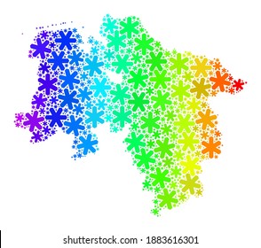 Mosaico de gradiente de espectro de la Baja Sajonia Land diseñado para las ventas navideñas. El mosaico del mapa de Tierra Baja Sajonia está diseñado con cristales de hielo coloridos. Diseñado para aplicaciones políticas.