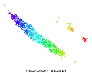 Mosaico de gradiente de espectro del mapa de las Islas de Nueva Caledonia combinado para las ventas de Año Nuevo. El mosaico de mapas de las Islas de Nueva Caledonia está compuesto por elementos de nieve coloridos. Diseñado para las ventas de invierno.