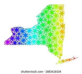 Spectrum gradient mosaic of New York State map created for Christmas ads. New York State map mosaic is designed of multicolored snow. Designed for Winter purposes.