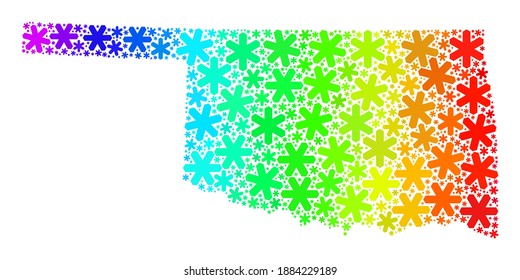 Mosaico de gradiente de espectro del mapa estatal de Oklahoma creado para la celebración de Año Nuevo. El mosaico de mapas del estado de Oklahoma está formado por vibrantes iconos de la nieve. Diseñado para fines de Año Nuevo.