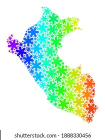 Spectrum gradient mosaic of Peru map constructed for Christmas holidays. Peru map mosaic is constructed of bright snow parts. Designed for Winter sales.