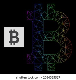 Spectrum gradient net bitcoin icon. Geometric frame flat network based on bitcoin icon, generated with polygonal mesh network, with spectrum gradient.