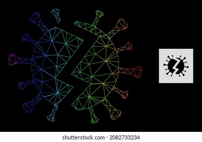 Icono de virus de red de gradiente de espectro roto. La red plana de canal geométrica se basa en un icono de virus roto, generado con el marco de malla triangular, con gradiente de espectro.