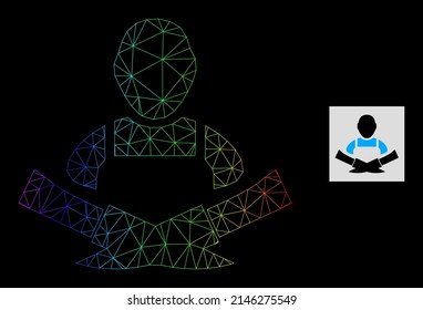 Icono de carnicero de red de gradiente de espectro. La red plana de marco geométrico se basa en el icono carnicero, generado con red de malla triangular, con gradiente de espectro.