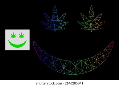 Spectrum-Farbverlauf-Netz Cannabis Lächeln Symbol. Geometrisches Flachnetz für Schlachtkörper basiert auf Cannabis-Lächelsymbol, erzeugt mit dreieckigem Maschenkarren mit Regenbogenverlauf.