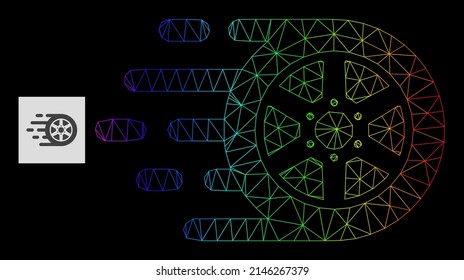 Spectrum gradient net car wheel icon. Geometric carcass 2D net is based on car wheel icon, generated with triangular mesh framework, with spectrum gradient.