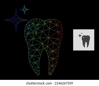 Spectrum gradient net excellent tooth icon. Geometric frame 2D net is based on excellent tooth icon, generated with triangular mesh framework, with spectrum gradient.