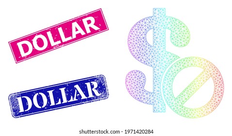 Spectrum gradient net forbidden dollar, and Dollar unclean framed rectangle seals. Pink and blue rectangle seals have Dollar tag. Vector model based on forbidden dollar icon.