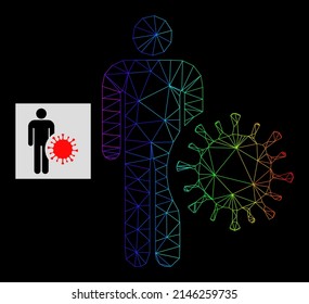 Spectrum gradient net infected man icon. Geometric carcass flat net based on infected man icon, generated with triangle mesh framework, with spectrum gradient.