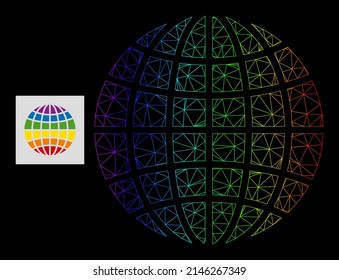 Spectrum gradient net LGBT globe icon. Geometric frame 2D net is based on LGBT globe icon, generated from triangle mesh net, with spectral gradient.