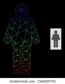 Spectrum gradient net man icon. Geometric carcass 2D net based on man icon, generated from triangle mesh net, with spectral gradient.